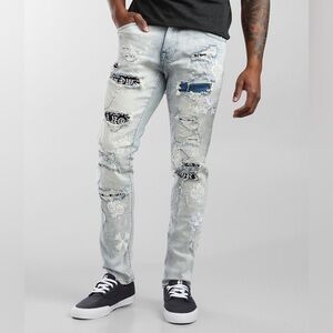 Smoke Rise Slim Fit Distressed Blue Jeans with Black Embroidery NWT